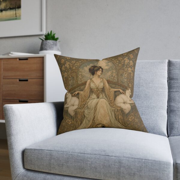 Art Nouveau Cat Lady Square Pillow — Vintage Woman with White Cats Decorative Throw Pillow