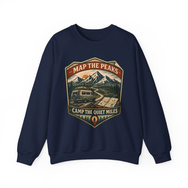 Vintage Mountain Camping Crewneck — "Map the Peaks / Camp the Quiet Miles"