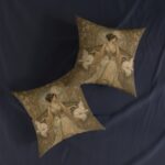 Art Nouveau Cat Lady Square Pillow — Vintage Woman with White Cats Decorative Throw Pillow