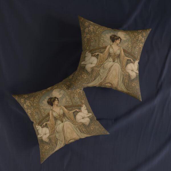 Art Nouveau Cat Lady Square Pillow — Vintage Woman with White Cats Decorative Throw Pillow