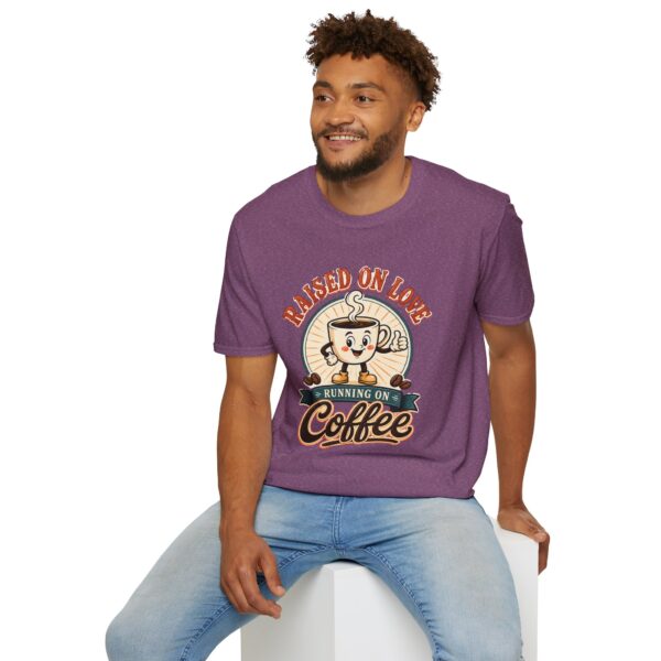 Raised on Love, Running on Coffee T-Shirt — Cute Coffee Lover Tee