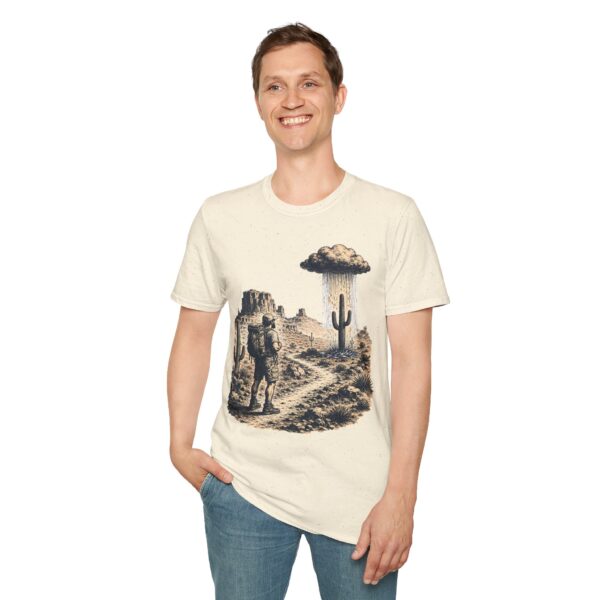 Desert hiker with lone raining cactus T-Shirt | Monochrome screenprint