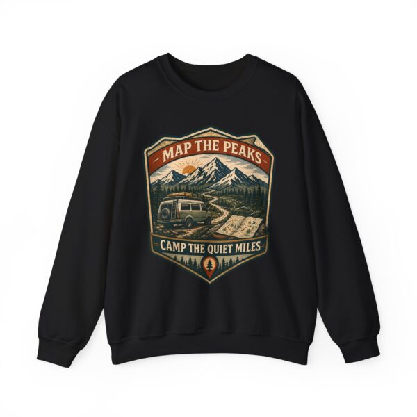 Vintage Mountain Camping Crewneck — "Map the Peaks / Camp the Quiet Miles"