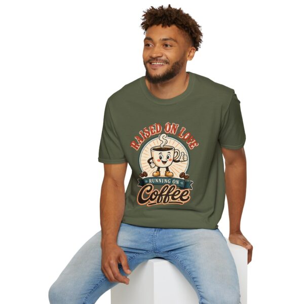 Raised on Love, Running on Coffee T-Shirt — Cute Coffee Lover Tee