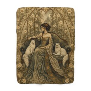 Art Nouveau Queen with White Cats Sherpa Fleece Blanket — Elegant Decorative Throw