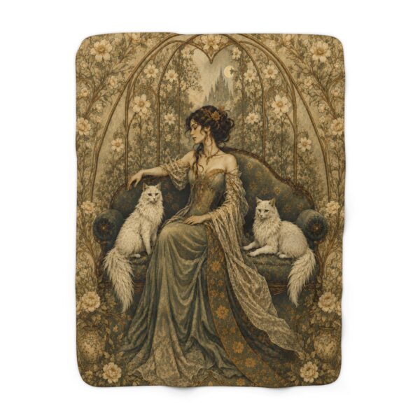Art Nouveau Queen with White Cats Sherpa Fleece Blanket — Elegant Decorative Throw
