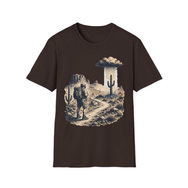 Desert hiker with lone raining cactus T-Shirt | Monochrome screenprint