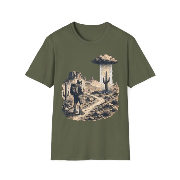 Desert hiker with lone raining cactus T-Shirt | Monochrome screenprint