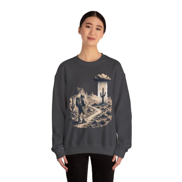 Desert Hiker with Lone Raincloud Crewneck Sweatshirt | Western Cactus Illustration
