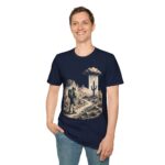 Desert hiker with lone raining cactus T-Shirt | Monochrome screenprint