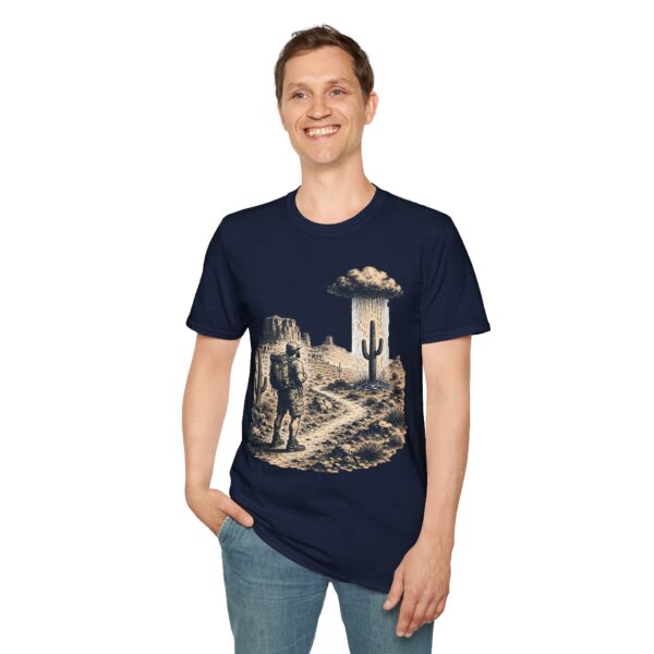Desert hiker with lone raining cactus T-Shirt | Monochrome screenprint