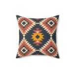 Square Pillow - Aztec Southwestern Print Design in Navy Blue, Burnt Orange, Yellow, and White