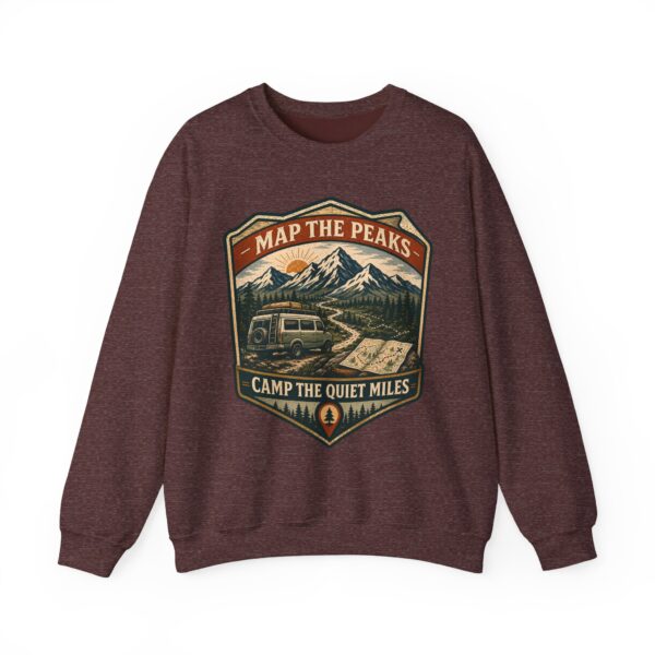 Vintage Mountain Camping Crewneck — "Map the Peaks / Camp the Quiet Miles"