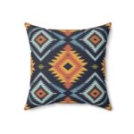 Square Pillow - Navy Blue, Orange, Yellow, Light Blue, and Silver Aztec Southwestern Pattern Design