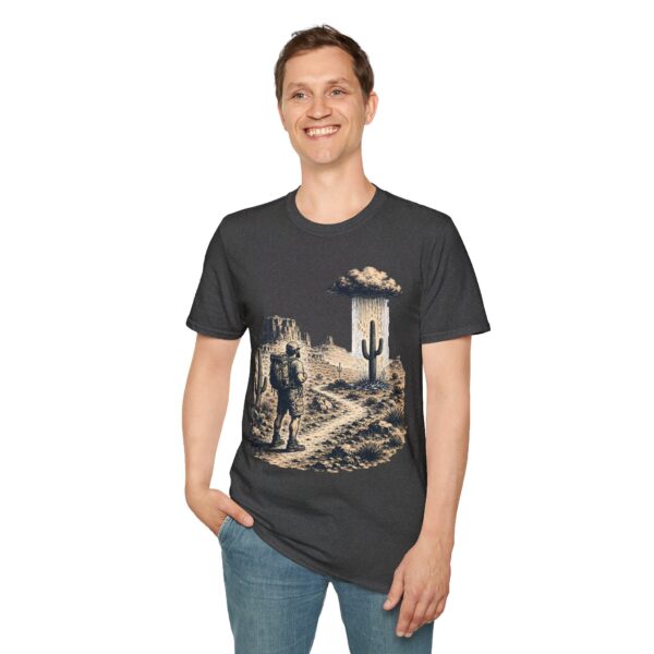 Desert hiker with lone raining cactus T-Shirt | Monochrome screenprint