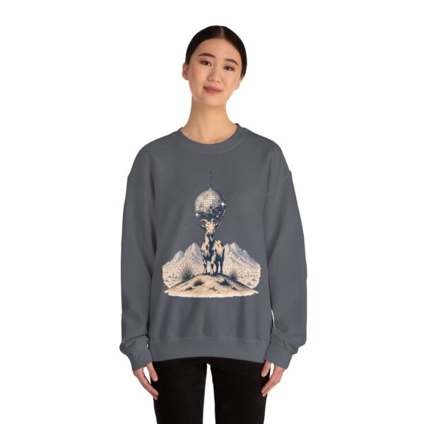 Goat Disco Crewneck Sweatshirt — Retro Disco Ball Farm Graphic