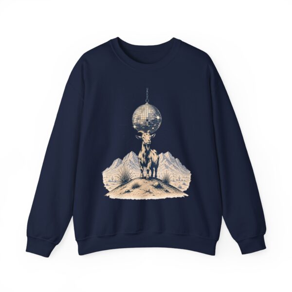 Goat Disco Crewneck Sweatshirt — Retro Disco Ball Farm Graphic