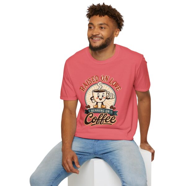 Raised on Love, Running on Coffee T-Shirt — Cute Coffee Lover Tee