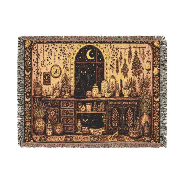 Woven Blanket - Folk Art Black Cats Moonlit Apothecary Kitchen Scene