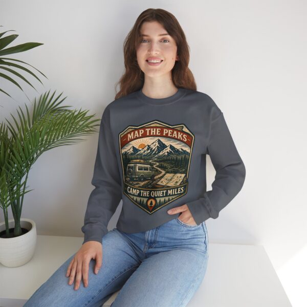 Vintage Mountain Camping Crewneck — "Map the Peaks / Camp the Quiet Miles"