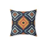 Square Pillow - Navy Blue, Orange, Yellow, Light Blue, and Silver Aztec Southwestern Pattern Design