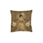 Art Nouveau Cat Lady Square Pillow — Vintage Woman with White Cats Decorative Throw Pillow