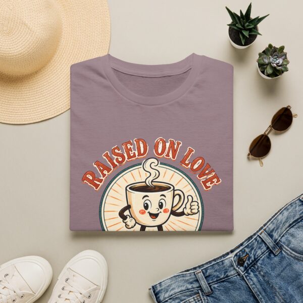Raised on Love, Running on Coffee T-Shirt — Cute Coffee Lover Tee
