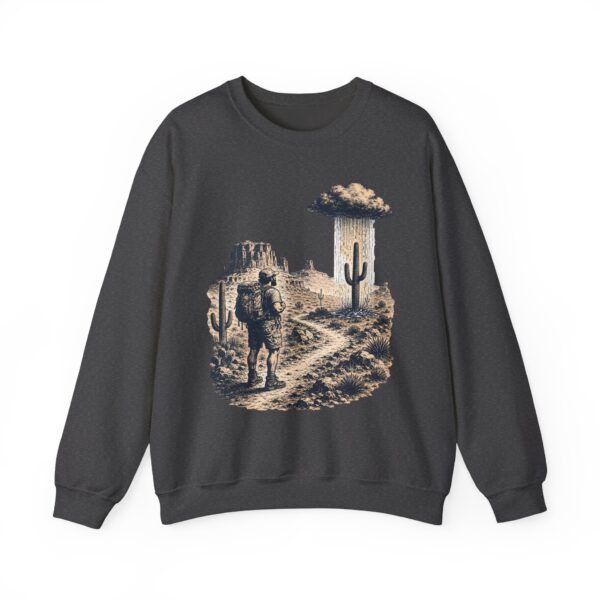 Desert Hiker with Lone Raincloud Crewneck Sweatshirt | Western Cactus Illustration