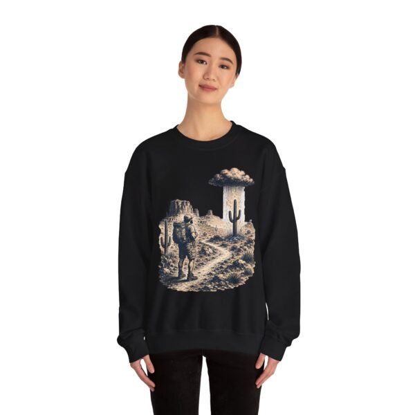 Desert Hiker with Lone Raincloud Crewneck Sweatshirt | Western Cactus Illustration