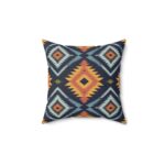 Square Pillow - Navy Blue, Orange, Yellow, Light Blue, and Silver Aztec Southwestern Pattern Design