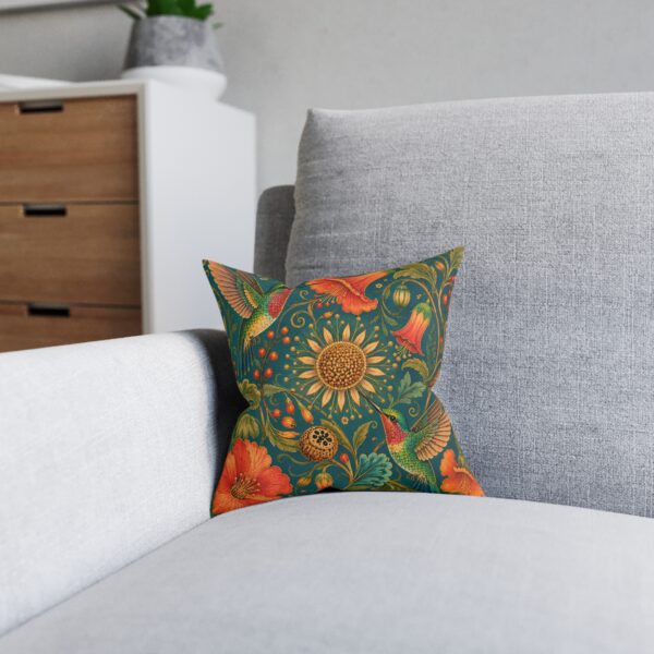 Sunflower & Hummingbird Floral Square Pillow | Vintage Garden Teal Accent