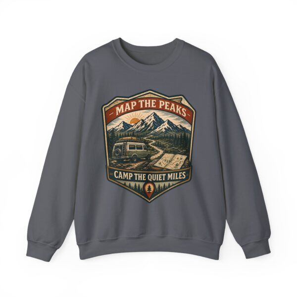 Vintage Mountain Camping Crewneck — "Map the Peaks / Camp the Quiet Miles"