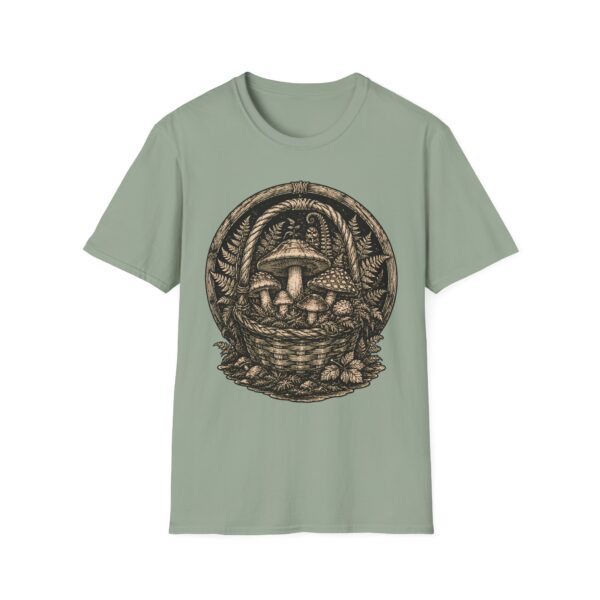Vintage Mushroom Basket T-Shirt — Botanical Fungi Illustration Tee