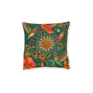 Sunflower & Hummingbird Floral Square Pillow | Vintage Garden Teal Accent