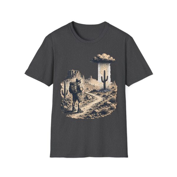 Desert hiker with lone raining cactus T-Shirt | Monochrome screenprint