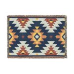 Woven Blanket - Aztec Southwestern Pattern Print in Navy Blue, Burnt Orange, Yellow, Gold, and White