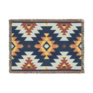 Woven Blanket - Aztec Southwestern Pattern Print in Navy Blue, Burnt Orange, Yellow, Gold, and White