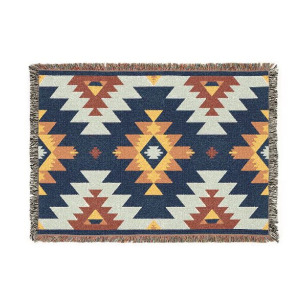 Woven Blanket - Aztec Southwestern Pattern Print in Navy Blue, Burnt Orange, Yellow, Gold, and White