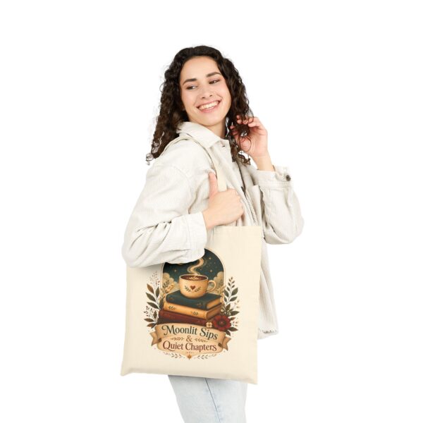 Moonlit Sips & Quiet Chapters Cotton Canvas Tote Bag — Cozy Booklover Nighttime Tote