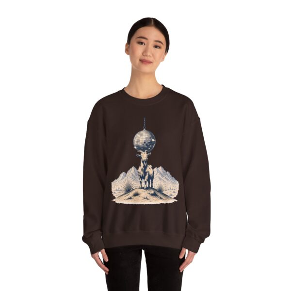 Goat Disco Crewneck Sweatshirt — Retro Disco Ball Farm Graphic