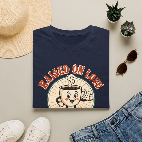 Raised on Love, Running on Coffee T-Shirt — Cute Coffee Lover Tee
