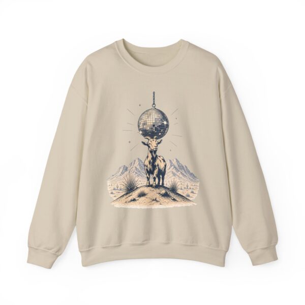 Goat Disco Crewneck Sweatshirt — Retro Disco Ball Farm Graphic