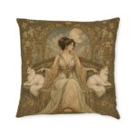 Art Nouveau Cat Lady Square Pillow — Vintage Woman with White Cats Decorative Throw Pillow
