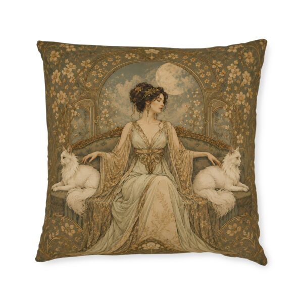 Art Nouveau Cat Lady Square Pillow — Vintage Woman with White Cats Decorative Throw Pillow