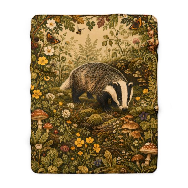 Badger Woodland Sherpa Fleece Blanket — Cozy Vintage Forest Throw