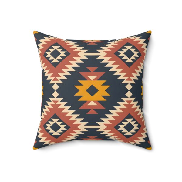 Square Pillow - Aztec Southwestern Print Design in Navy Blue, Burnt Orange, Yellow, and White