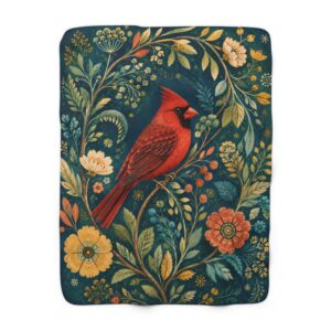 Red Cardinal Floral Sherpa Fleece Blanket — Cozy Throw with Vintage Botanical Print