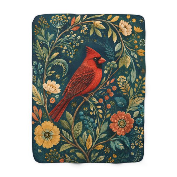 Red Cardinal Floral Sherpa Fleece Blanket — Cozy Throw with Vintage Botanical Print