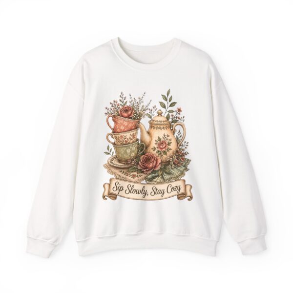 Vintage Tea Floral Crewneck Sweatshirt — “Sip Slowly, Stay Cozy”
