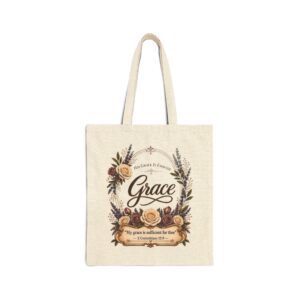 Grace Floral Canvas Tote Bag — 2 Corinthians 12:9 Inspirational Grocery & Bible Study Tote